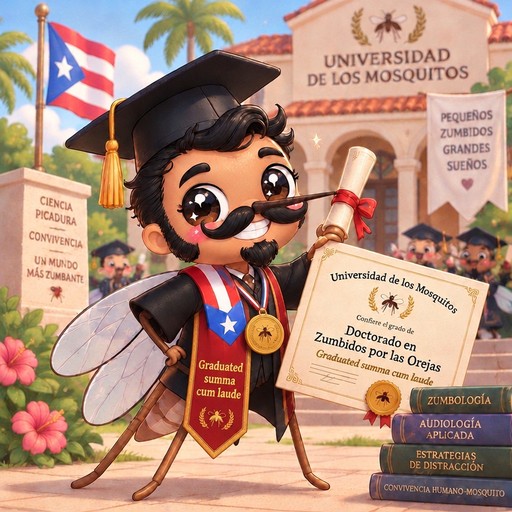 Kawaii illustrated graduate character holding a diploma beside a university sign and flags