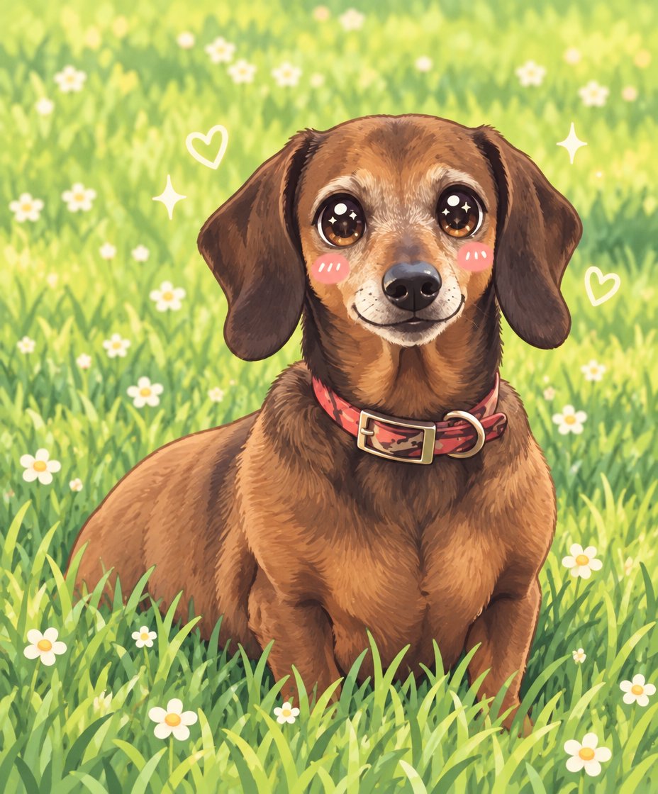 Kawaii brown dog wearing a collar in a flower-filled meadow, with sparkles.