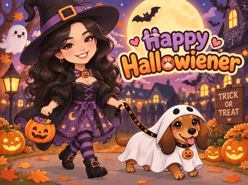 Kawaii Halloween illustration of a person in a witch costume with a dog trick-or-treating.