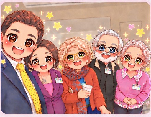 Kawaii illustration of five people smiling together in colorful clothing with stars and hearts.