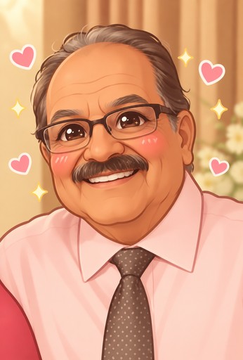 Kawaii portrait of a smiling person in glasses and a pink shirt, with hearts and sparkles
