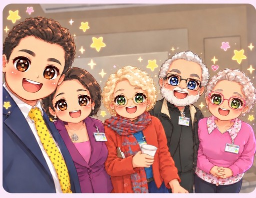 Kawaii cartoon people smiling together in colorful formal outfits with sparkling stars