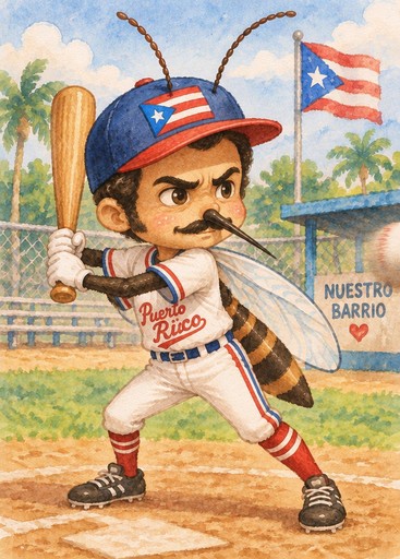 Kawaii-style baseball player swinging a bat on a sunny field, with red and blue accents.