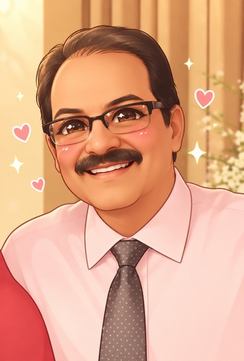 Kawaii portrait of a person wearing glasses and a pink shirt with floating hearts
