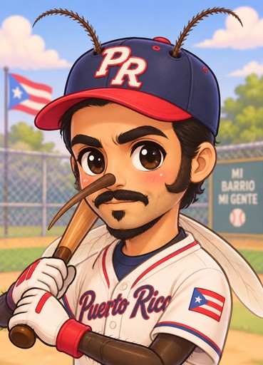 Kawaii cartoon baseball player holding a bat on a Puerto Rico field, wearing a navy cap.