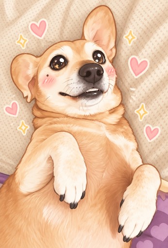 Kawaii watercolor dog lying down with hearts and sparkles