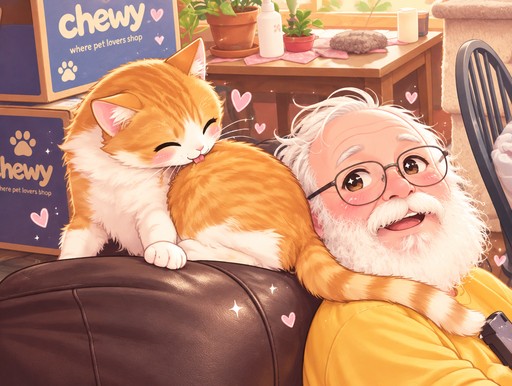 Kawaii orange cat cuddles beside a smiling person in a cozy café.