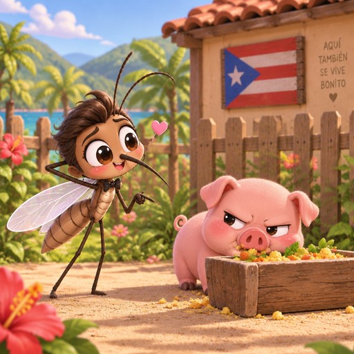 Kawaii mosquito holding a fork beside a pink pig at a wooden trough, tropical garden setting