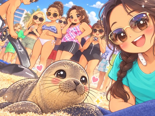 Kawaii beach illustration of people in swimsuits beside a smiling sealion.