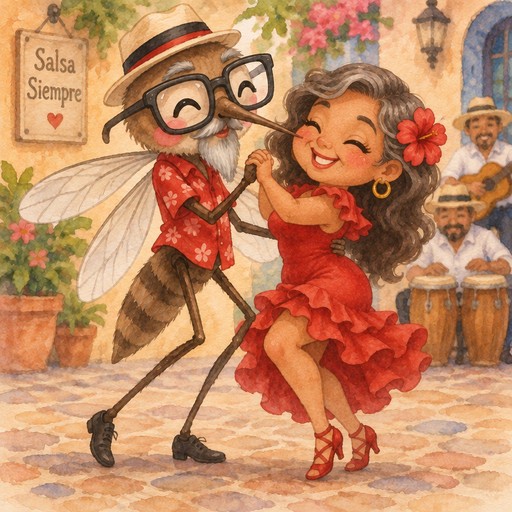 Kawaii watercolor illustration of a smiling couple dancing salsa in a colorful plaza.