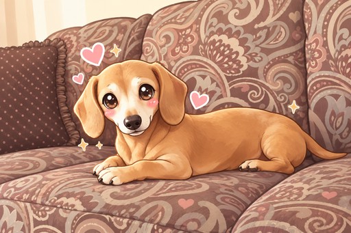Kawaii tan dog resting on a patterned sofa with pink hearts above it.