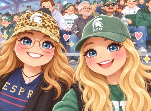 Kawaii illustration of two smiling people in caps at a sports game, with colorful crowd and hearts.
