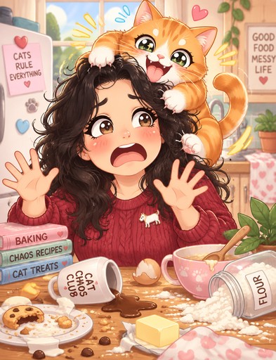 Kawaii illustration of a person and orange cat among baking ingredients and recipe books.