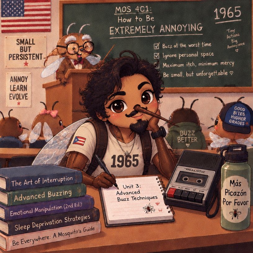 Kawaii cartoon person studying from books beside a cassette player and coffee jar