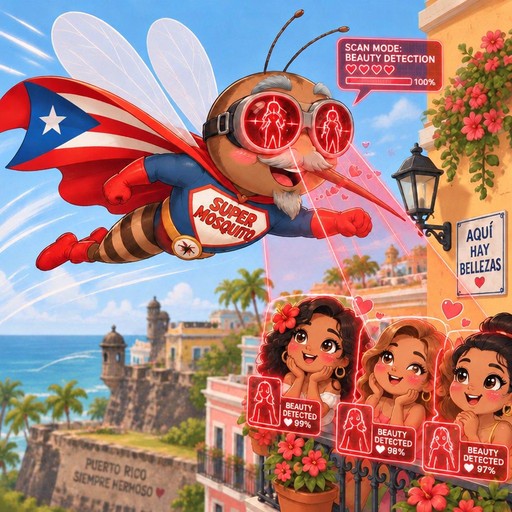 Kawaii illustrated superhero flies above coastal town with smiling people and palm trees