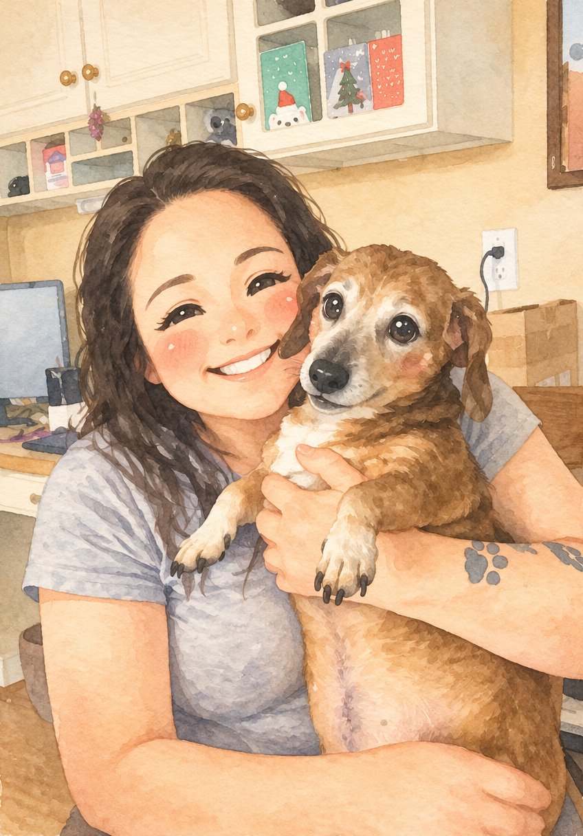 Kawaii-style illustration of a person hugging a brown dog in a cozy kitchen.