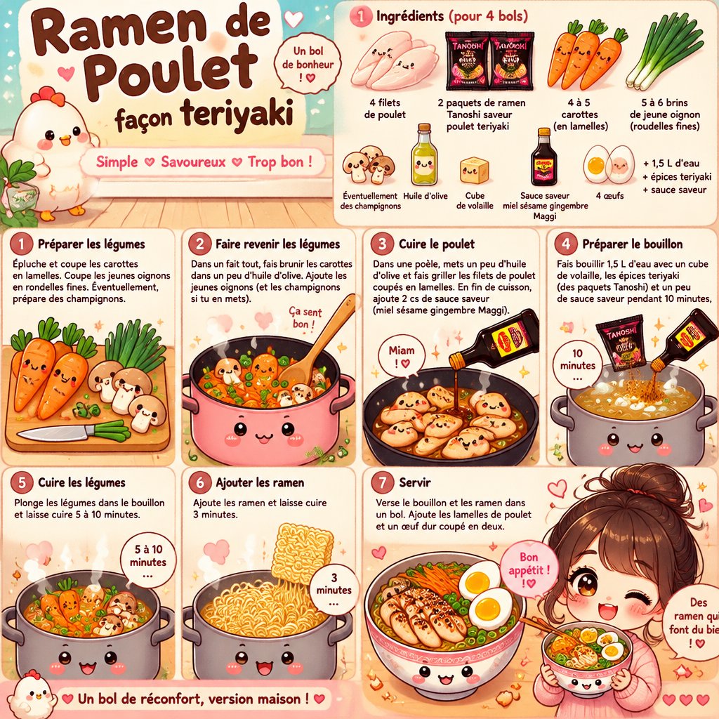 ramen de poulet 4 FILET DE POULET , 2 packet de ramen tanoshi saveur poulet teriyaki(image) ,dans une fait tout , faire brunir des carotte en lamelle ( 4 a 5 carottes ) + 5/6 brin de jeune oignon coupe en roudelle fine+ éventuellement des champignon, dans une poele , mettre de l huile d olive et grille les blanc de poulet (coupez en lamelle)et rajouter 2 cs de sauce saveur a la fin de cuisson (miel sesame gemgembre maggi(image)) faire bouillir de l'eau 1,5L avec un cube de volaille +les epices teriyaki + sauce saveur pendant 10 minutes plonges les legumes dedans pendant ( 5a 10minutes) puis les ramen 3 minutes , verse le bouillon dans un bol et serve avec les filet de poulet et 1 oeuf dur couper en deux