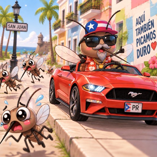 Kawaii cartoon ants surround a red convertible on a tropical San Juan street.