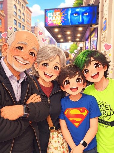 Kawaii cartoon people smiling beneath colorful city billboards and lights