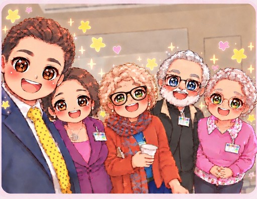 Kawaii watercolor illustration of five people posing with flowers in pastel colors