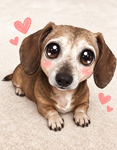 Kawaii-style brown dachshund with big eyes sitting on a cream background with pink hearts