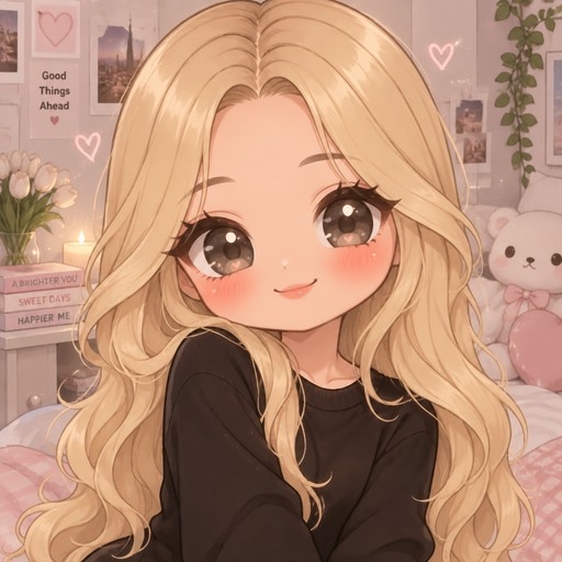 make a chibi image of a girl with long blond hair no bangs hair is parted in the middle with rosy cheeks and soft girl make up and she wears a black shirt and she smiling