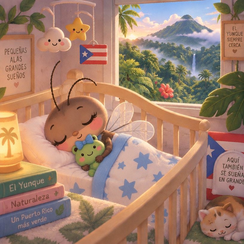 Kawaii illustration of a person resting in a crib beside a tropical mountain view and plants.