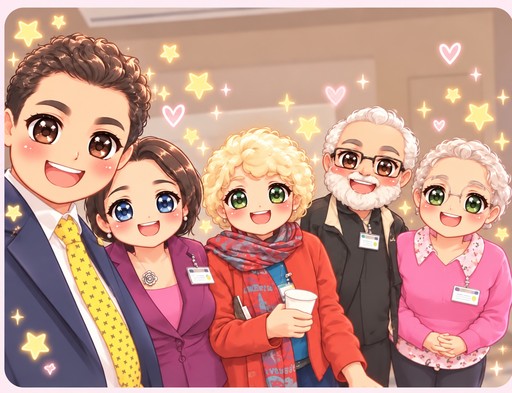 Kawaii illustration of five smiling people posing together with stars and hearts.