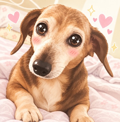 Kawaii illustration of a brown puppy resting on pink blankets with hearts and sparkles.