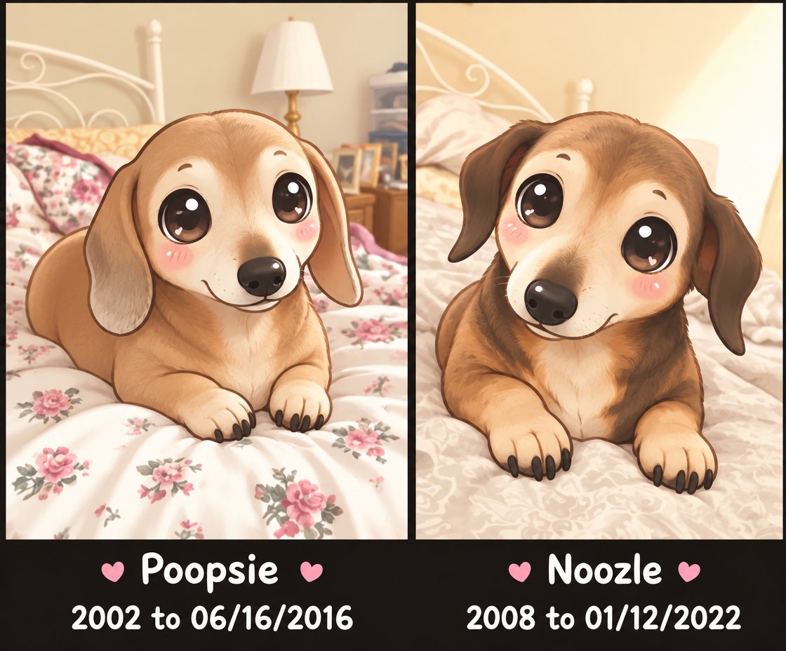 Two kawaii brown dogs sit on floral beds in warm pastel colors.