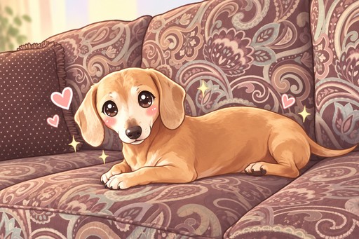 Kawaii golden puppy resting on an ornate mauve couch with pink hearts