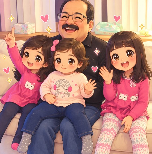 Kawaii illustration of people sitting together in colorful pink clothing, smiling and waving.