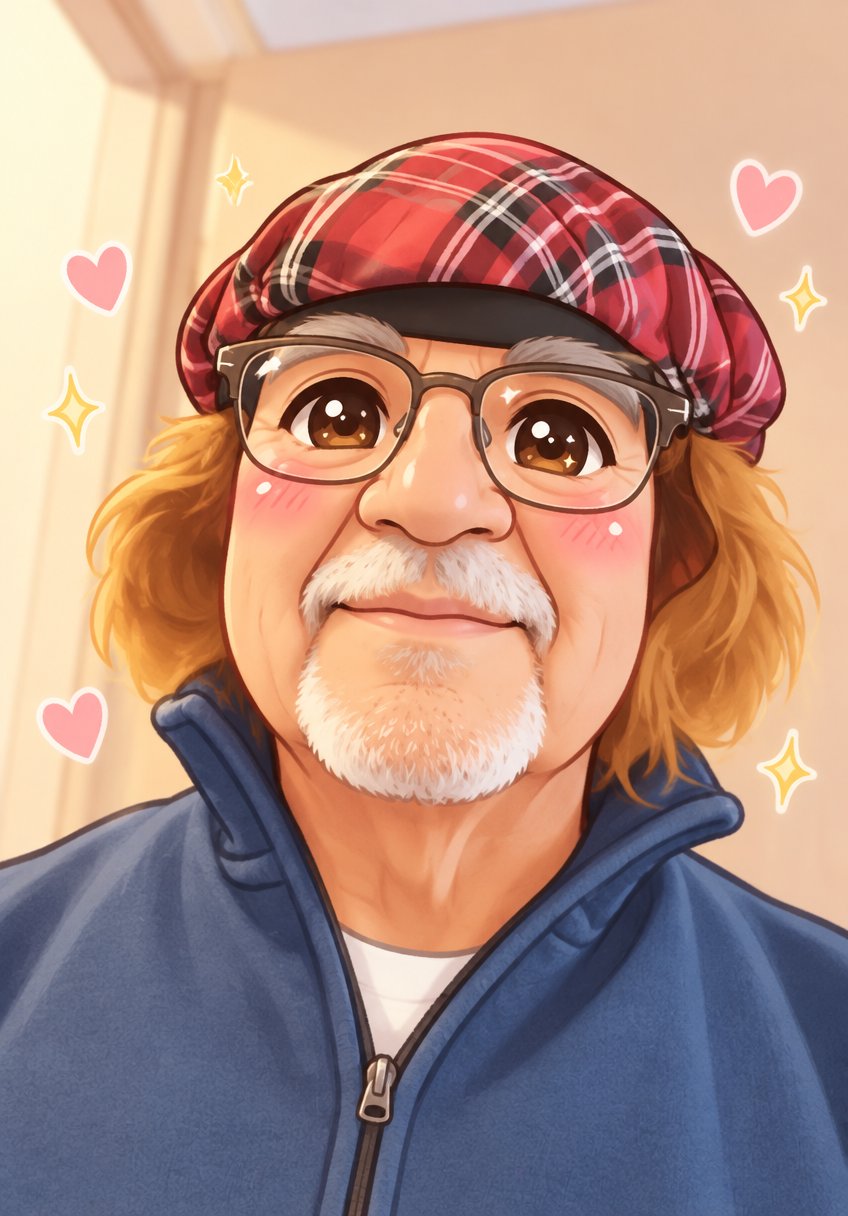 Kawaii portrait of a person wearing a red plaid cap and navy jacket, with hearts and stars.
