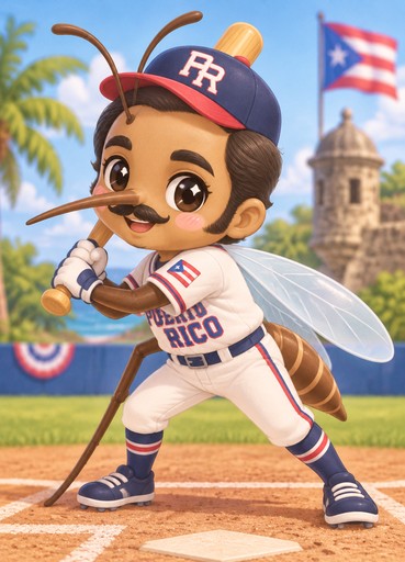 Kawaii baseball player swinging a bat on a colorful tropical field