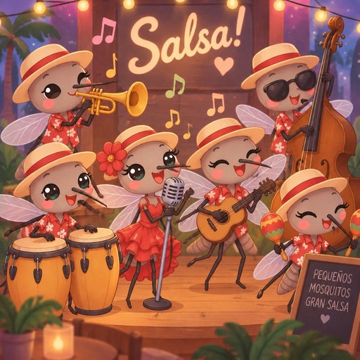 Kawaii cartoon animals play salsa music in colorful festive attire.