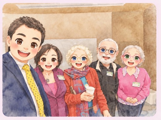 Kawaii watercolor illustration of five smiling people posing together in colorful clothes.