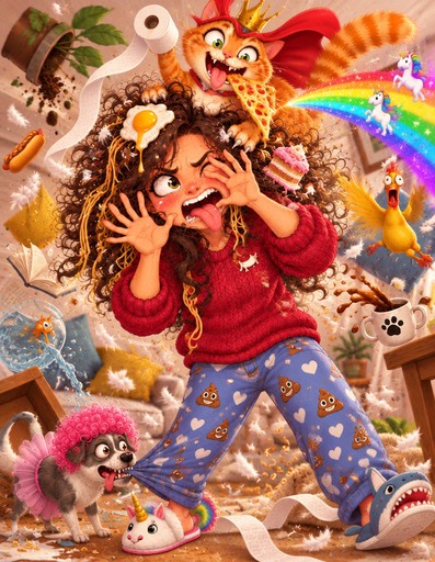 Colorful cartoon person surrounded by cats, snacks, plants, and a rainbow rainbow kite