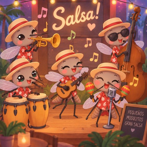 Kawaii animal band playing salsa music with brass instruments and congas on a colorful stage