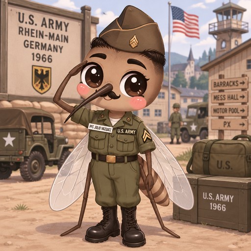 Puerto Rican mosquito with black buzz cut hair, matching army hat, small black mustache, black eye brows in u.s. military uniform at u.s. military base in Germany circa 1966 with name tag that says PFC Julio Vazquez
