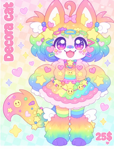 Kawaii pastel cat fairy with rainbow curls, flower decorations, and a pink balloon.