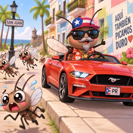 Puerto Rican mosquito with gray mustache and goatee wearing sunglasses and driving a red mustang on sidewalk as other mosquitoes run for their lives