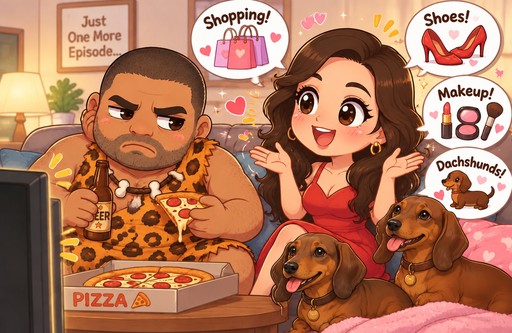 Kawaii cartoon people and dogs shopping for pizza, shoes, makeup, and dachshund supplies