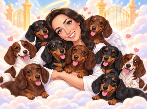 A person surrounded by dachshunds in a pastel kawaii cloud scene with golden towers.