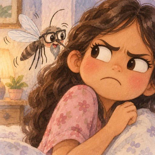 Kawaii illustration of a person frowning at a tiny flying insect in a warm room.