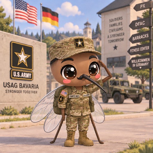 Kawaii cartoon soldier bee in camouflage standing at a military base sign.