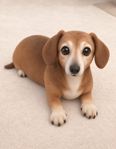 Kawaii-style brown dachshund lying on a cream carpet, looking forward.