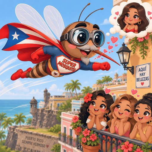 Puerto Rican Male mosquito with gray mustache and goatee, long pointed proboscus, wearing goggles, dressed as superhero named Super Mosquito flying like Superman and looking for beautiful women