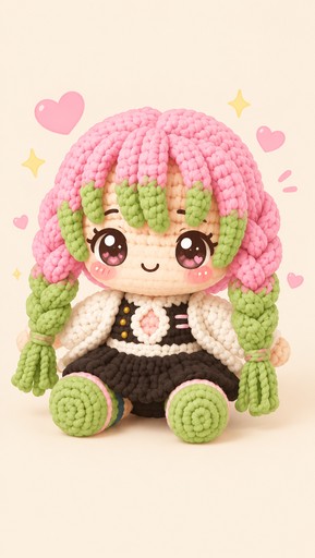 Kawaii crocheted doll with pink hair, green ears, and colorful yarn accessories