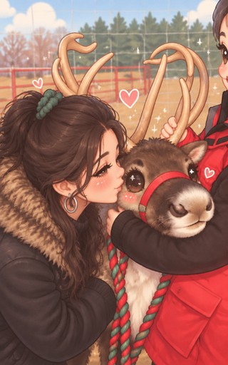 Kawaii-style person cuddling a small animal in red winter clothing by a fence
