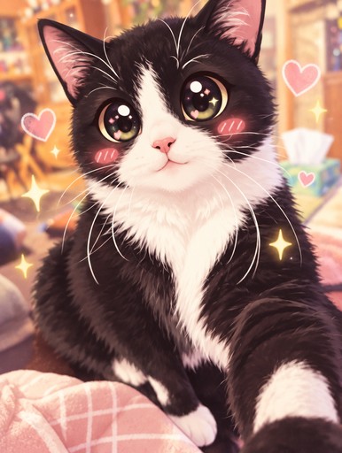 Kawaii black-and-white cat sitting among sparkling hearts in warm pastel colors